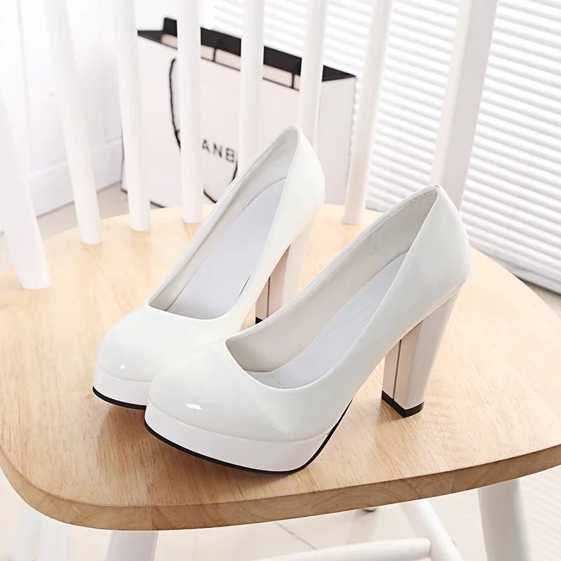 High Heels Shoes Women White Wedding Shoes Thick 10 CM Heels Fashion Party Pumps Footwear Black Red Round Zapatos De Mujer - Luzilly Bridal & Apparel