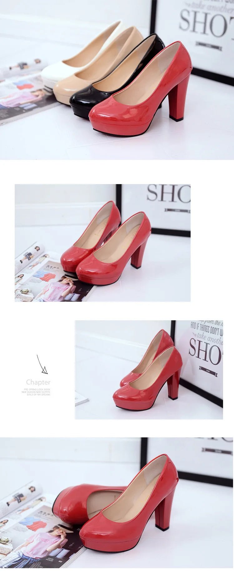 High Heels Shoes Women White Wedding Shoes Thick 10 CM Heels Fashion Party Pumps Footwear Black Red Round Zapatos De Mujer - Luzilly Bridal & Apparel