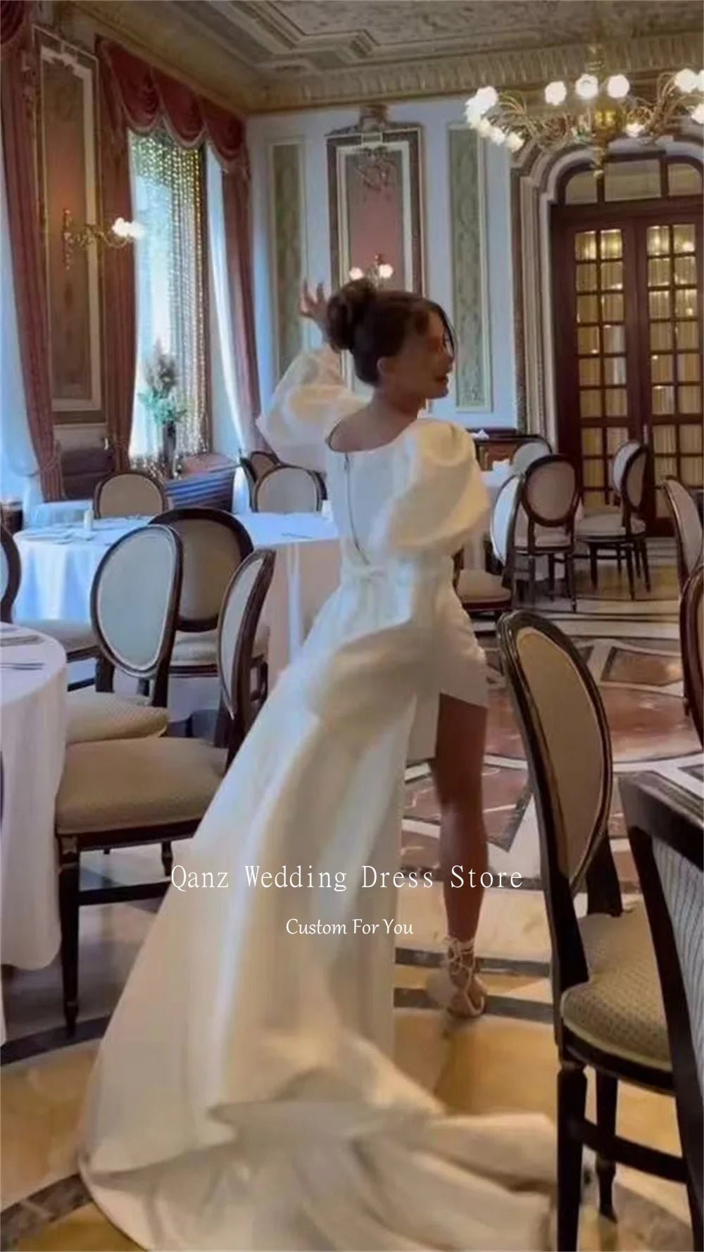 High-Low Satin Wedding Dress with Puff Sleeves & Court Train - Luzilly Bridal & Apparel