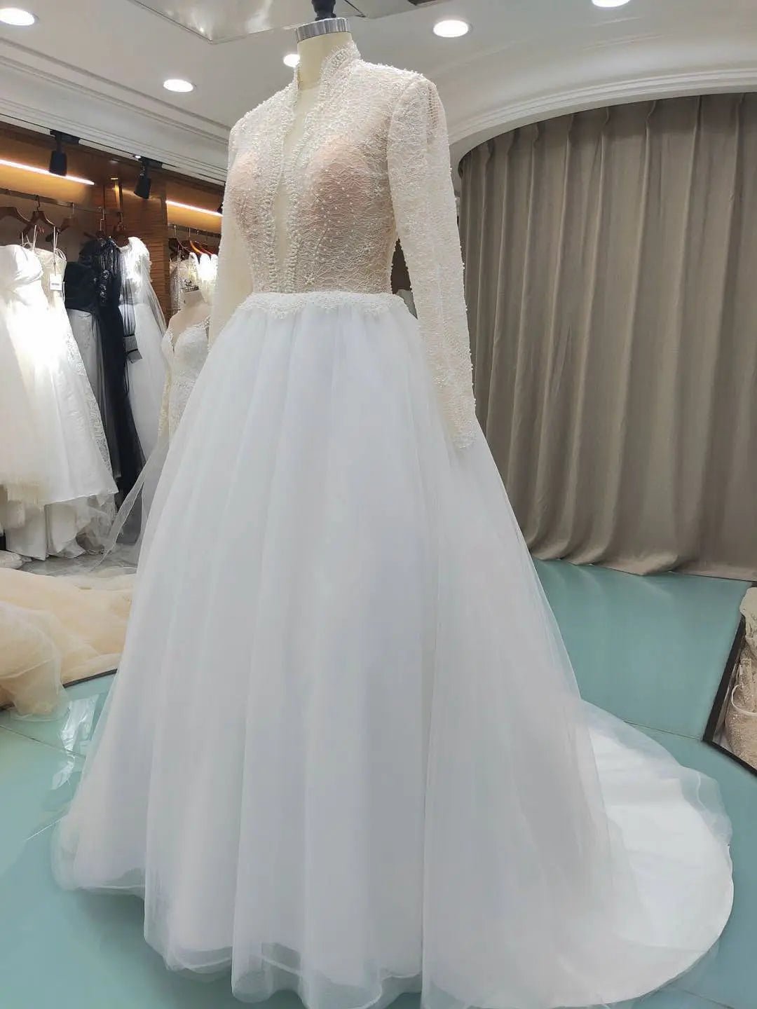 High-Neck Beaded Lace Long-Sleeve Boho Wedding Dress - Luzilly Bridal & Apparel
