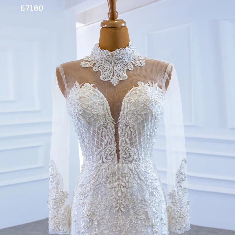 High-Neck Lace Mermaid Wedding Gown with Detachable Train - Luzilly Bridal & Apparel