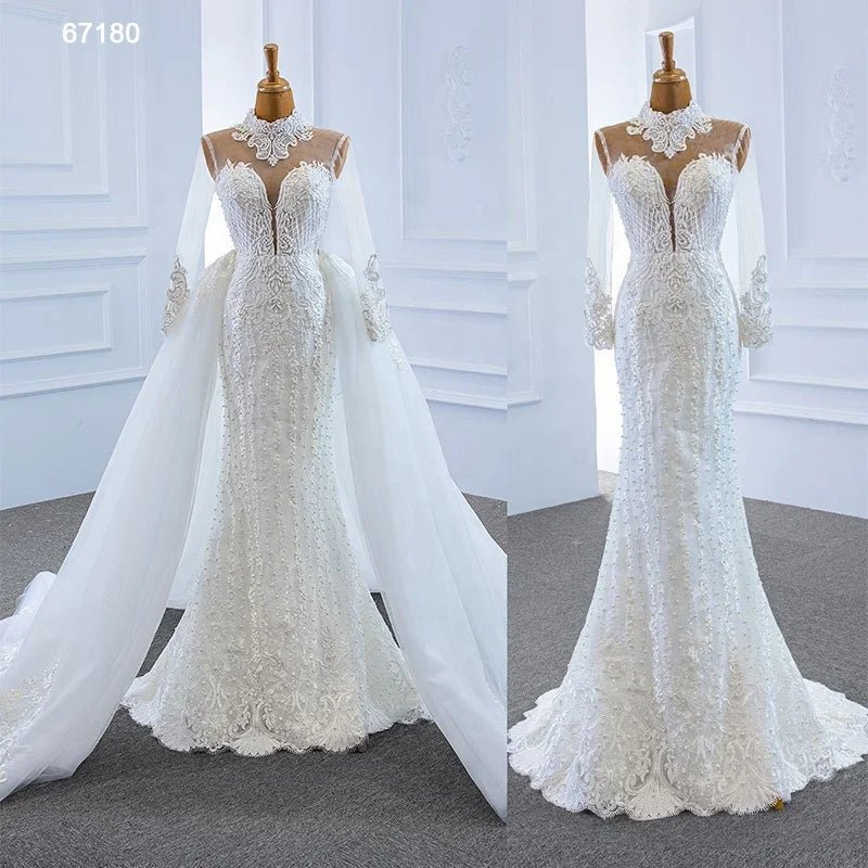 High-Neck Lace Mermaid Wedding Gown with Detachable Train - Luzilly Bridal & Apparel