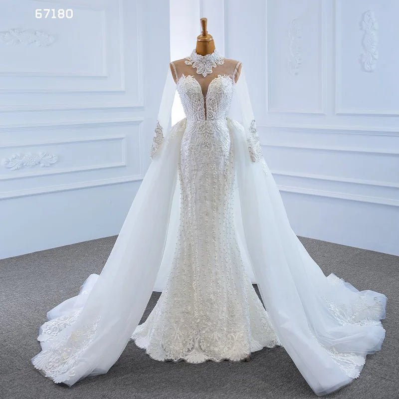 High-Neck Lace Mermaid Wedding Gown with Detachable Train - Luzilly Bridal & Apparel