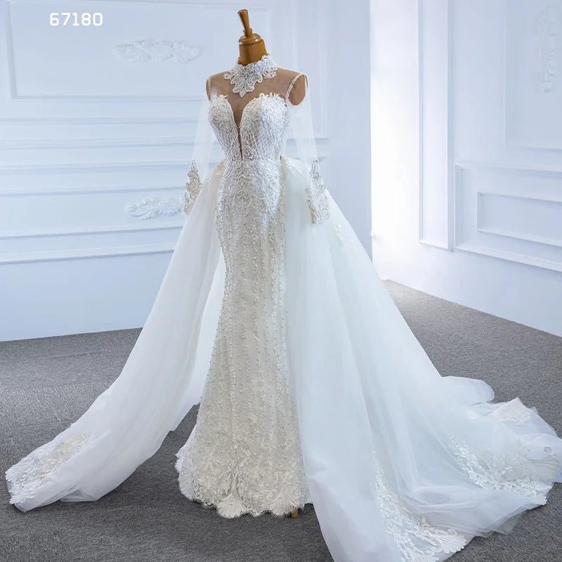 High-Neck Lace Mermaid Wedding Gown with Detachable Train - Luzilly Bridal & Apparel