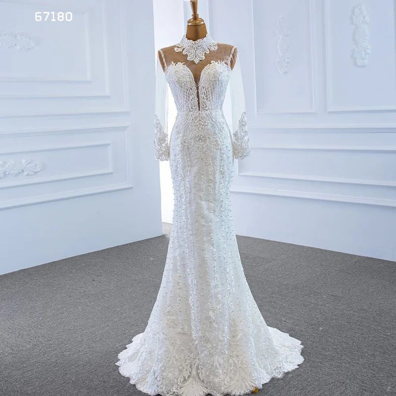 High-Neck Lace Mermaid Wedding Gown with Detachable Train - Luzilly Bridal & Apparel