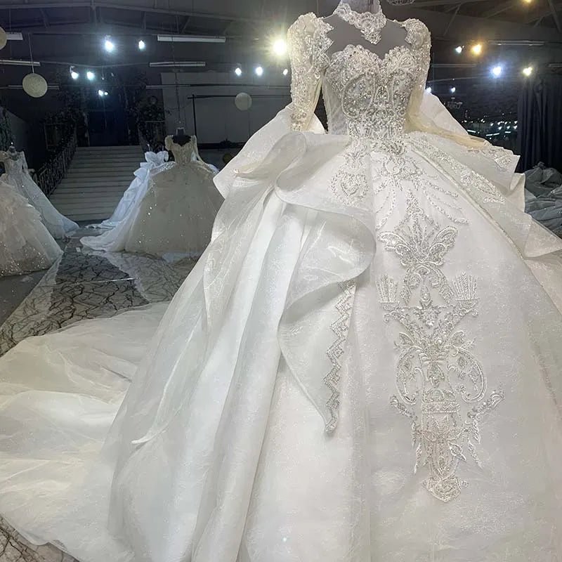 High-Neck Long Sleeve Crystal Appliqué Ball Gown Wedding Dress - Luzilly Bridal & Apparel