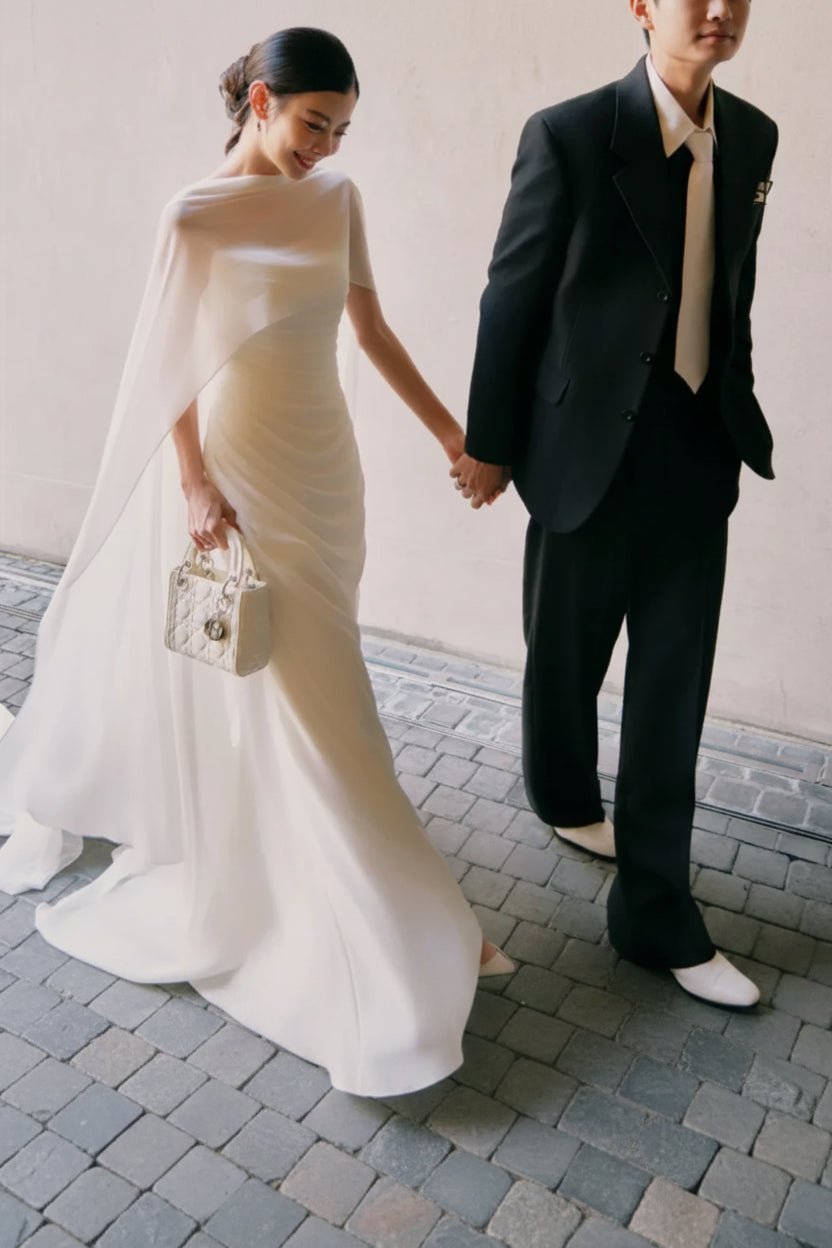 High Neck Ruched Chiffon Sheath Wedding Dress - Luzilly Bridal & Apparel