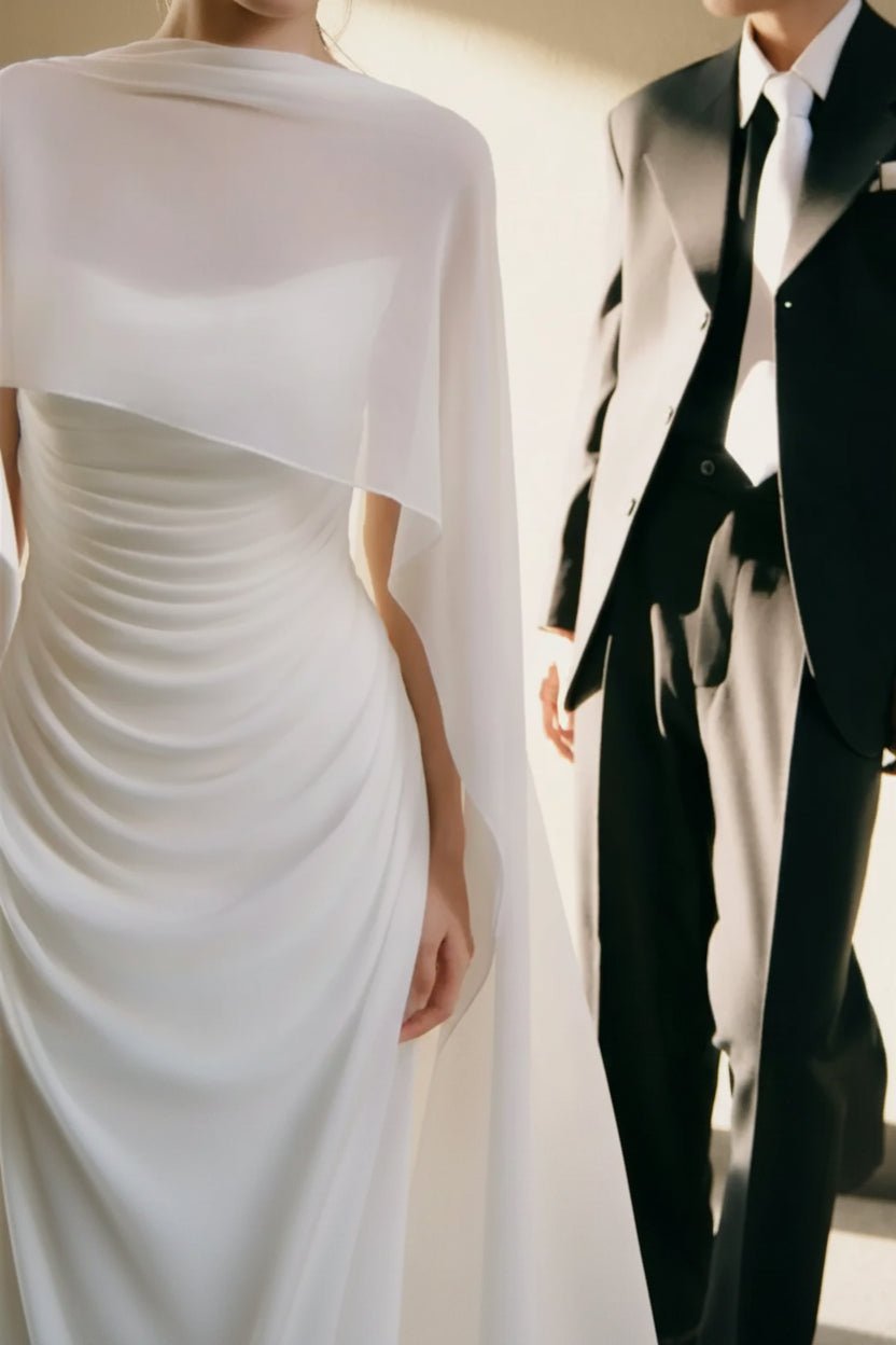 High Neck Ruched Chiffon Sheath Wedding Dress - Luzilly Bridal & Apparel