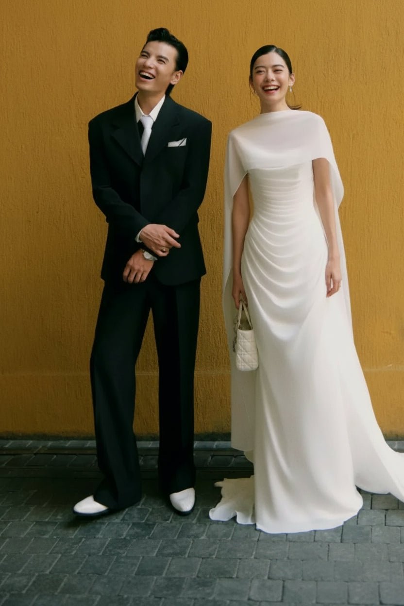 High Neck Ruched Chiffon Sheath Wedding Dress - Luzilly Bridal & Apparel