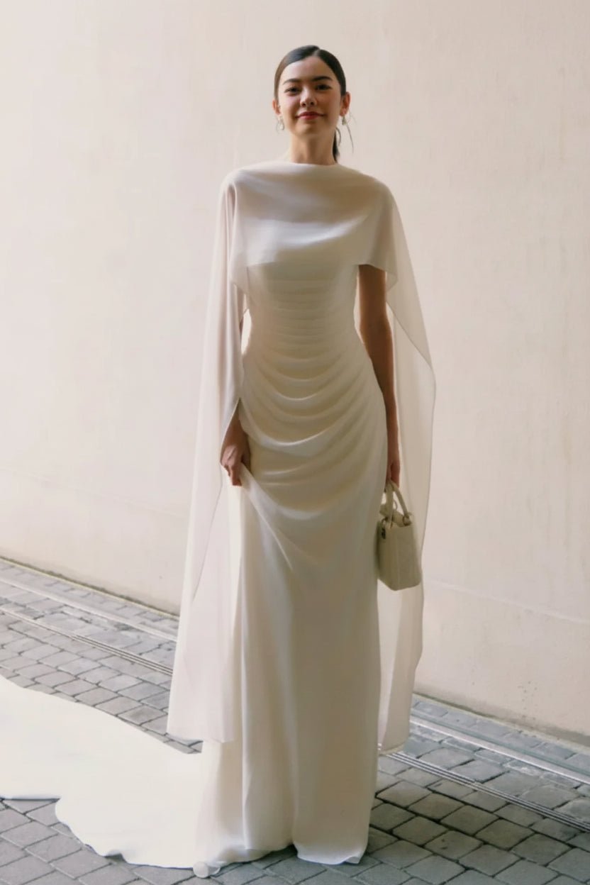 High Neck Ruched Chiffon Sheath Wedding Dress - Luzilly Bridal & Apparel