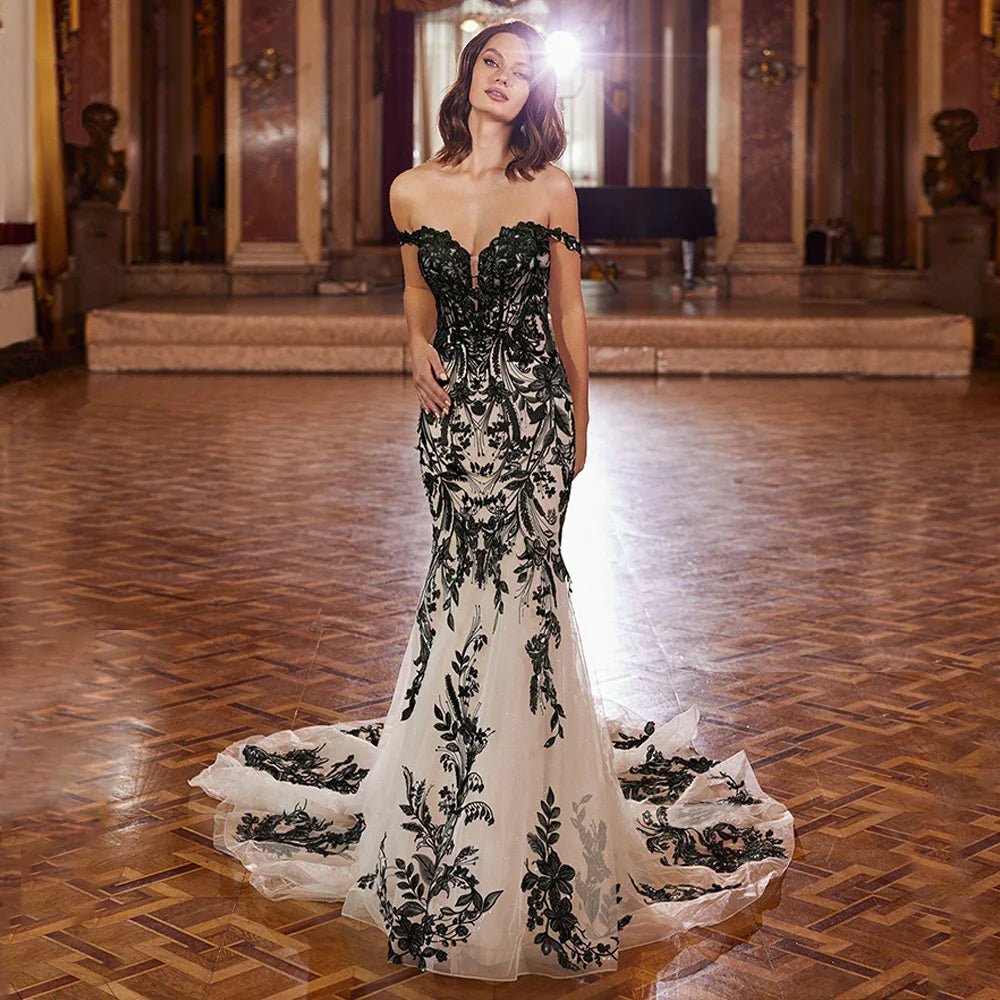 Hot Gothic Wedding Dress Customized Off The Shoulder Sweetheart Black Applique Court Train Glitter Tulle Mermaid Bridal Gown - Luzilly Bridal & Apparel