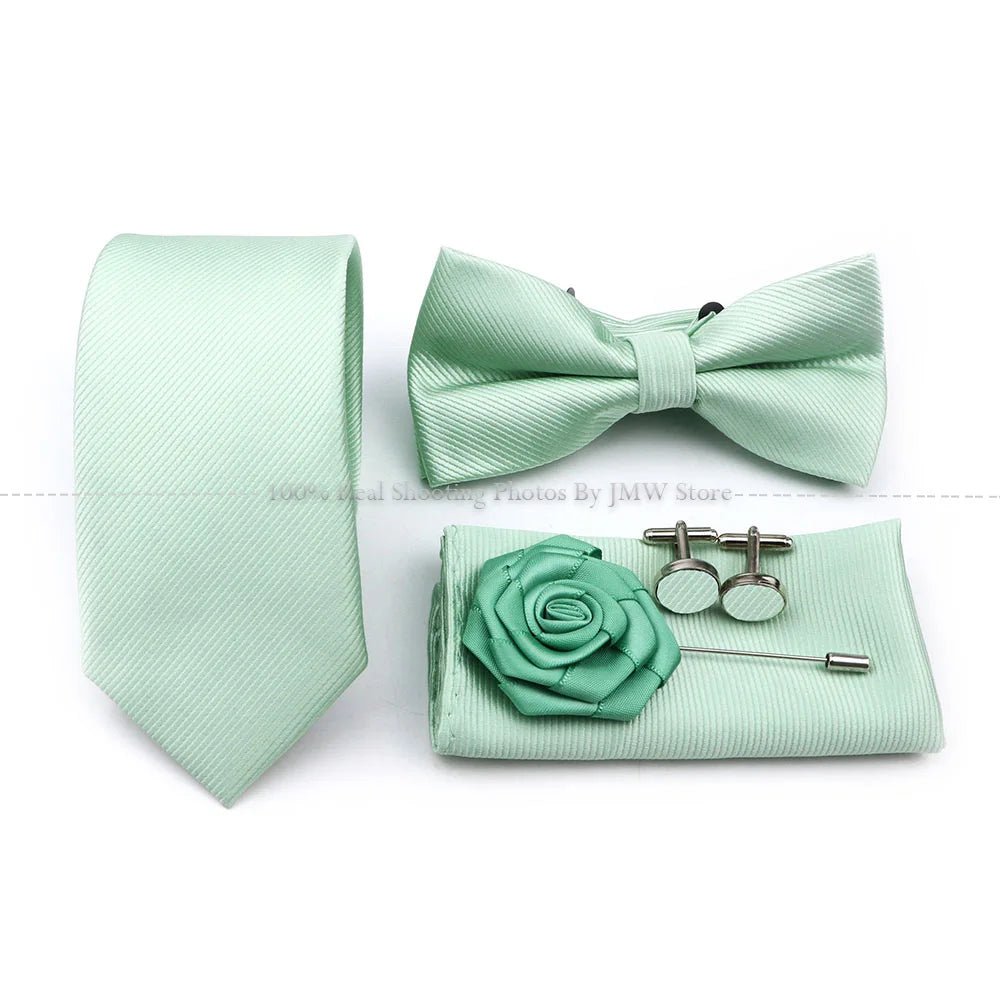 Hot Sale Sage Green Tie Set Polyester Necktie Bowtie Cufflink Brooch Cufflinks For Groom Suit Wedding Cravat Shirt Accessory - Luzilly Bridal & Apparel