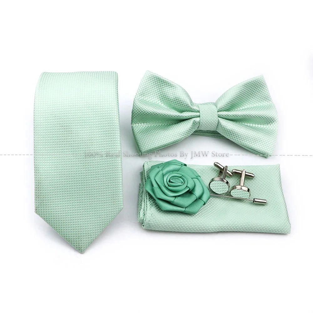 Hot Sale Sage Green Tie Set Polyester Necktie Bowtie Cufflink Brooch Cufflinks For Groom Suit Wedding Cravat Shirt Accessory - Luzilly Bridal & Apparel