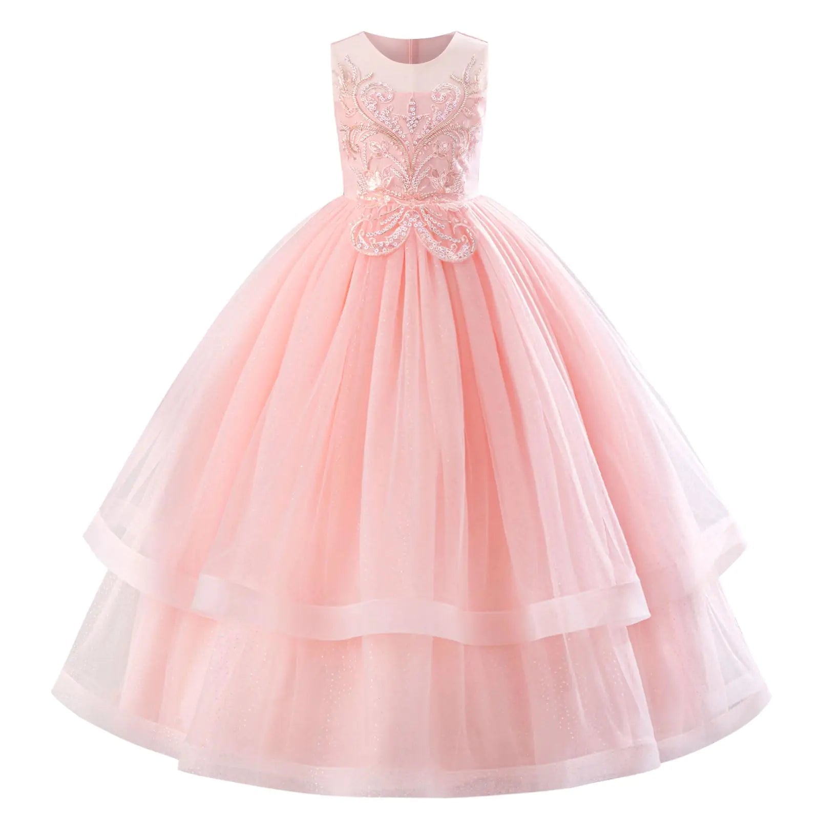 IDOPIP Flower Girl Sequin Lace Dress for Kids-Wedding Bridesmaid Pageant Party Formal Long Maxi Gown-Little Princess First Communion Birthday Prom Shiny Appliques Puffy Tulle Dresses-Pink - 6-7 Years -  GIAA211710024 - Luzilly Bridal & Apparel
