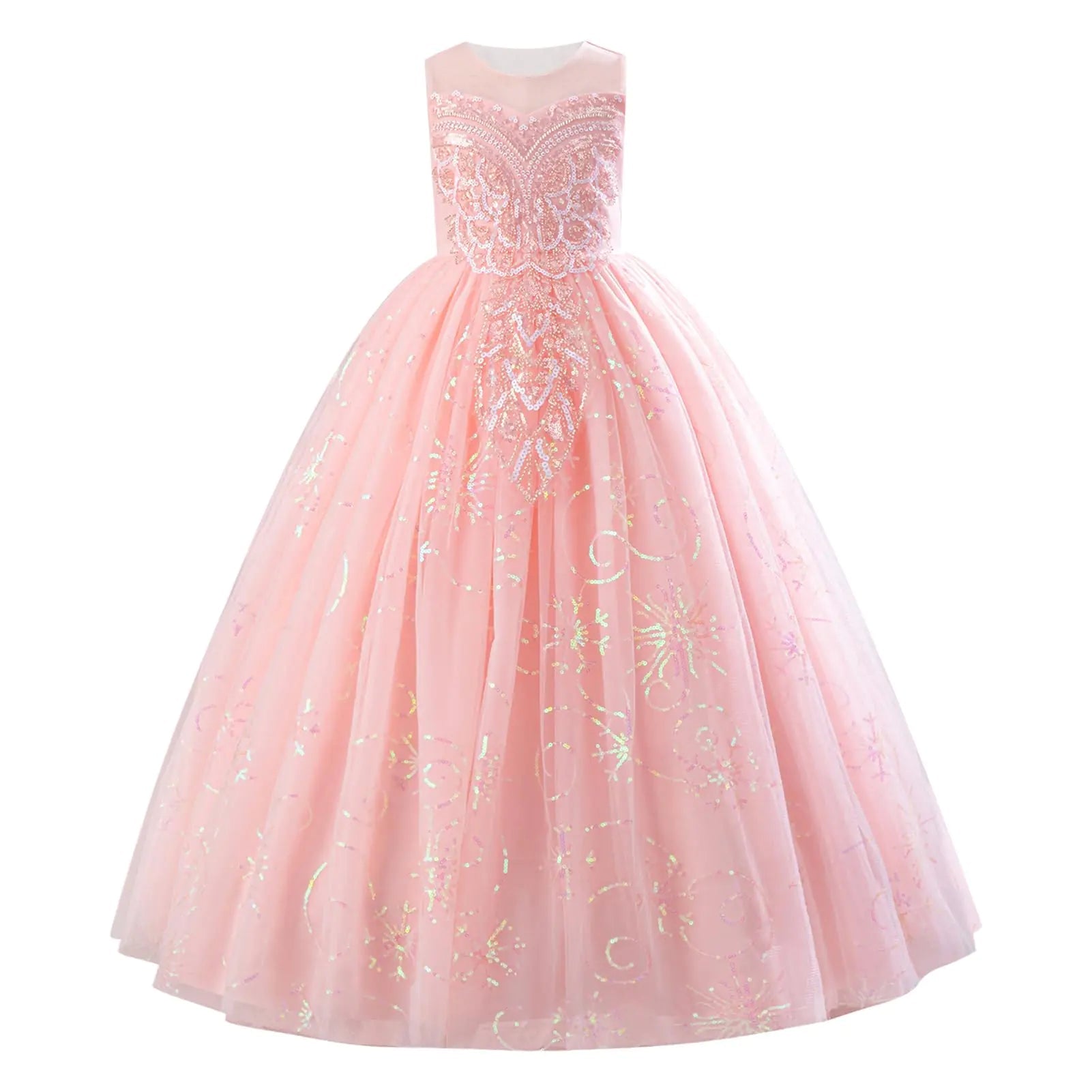 IDOPIP Sequin Appliques Flower Girl Dress for Kids-Wedding Bridesmaid Pageant Party Formal Long Maxi Gown Big Little Princess-First Communion-Birthday-Prom-Shiny Puffy Tulle Dresses - Pink - 11-12 Years -  GIAA221710006 - Luzilly Bridal & Apparel