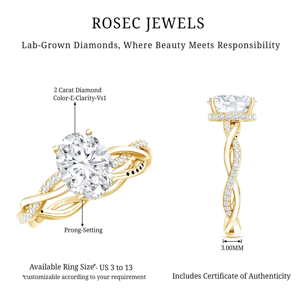 IGI Certified 2 Carat Lab Grown Diamond Oval Hidden Halo Engagement Ring with Braided Band - Luzilly Bridal & Apparel
