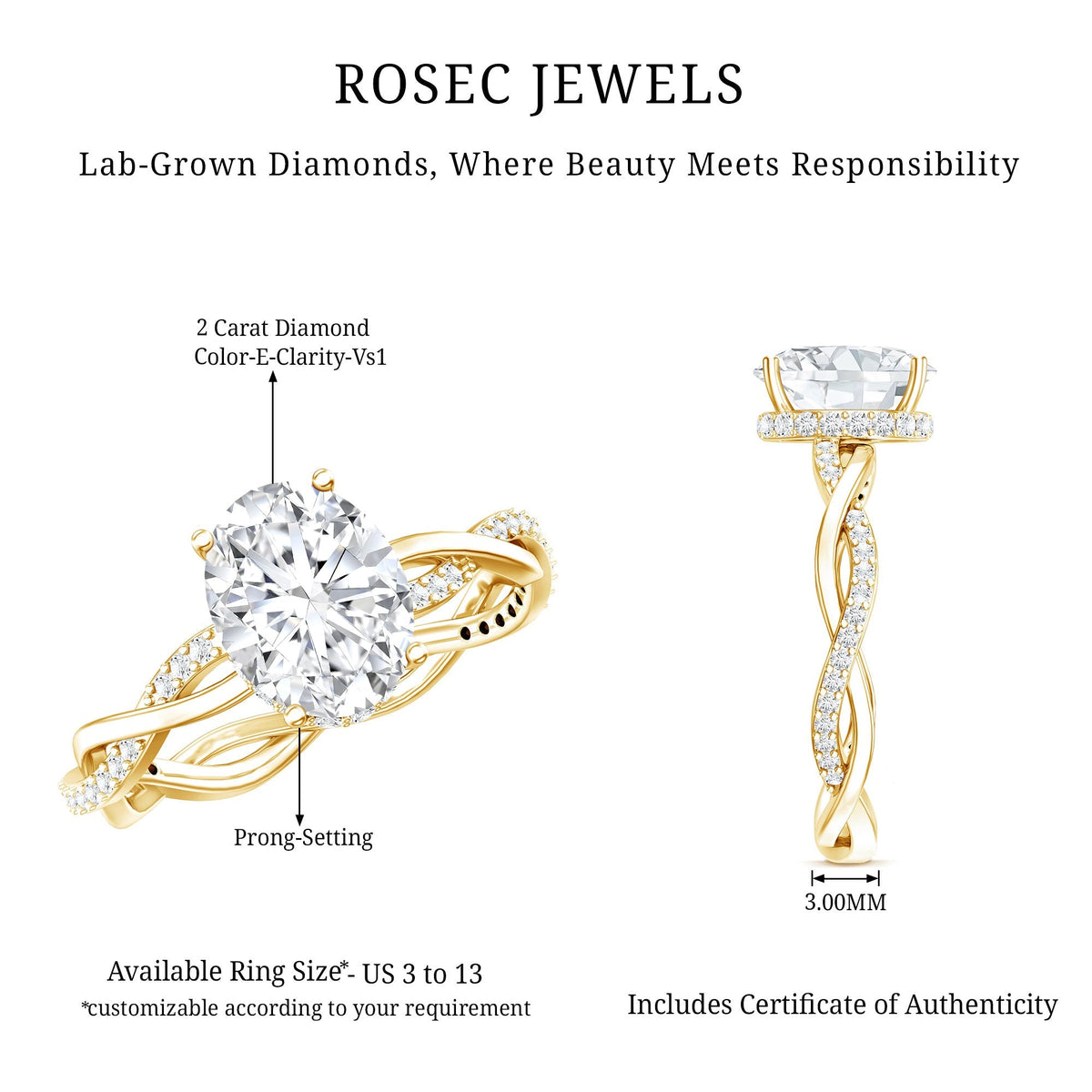 IGI Certified 2 Carat Lab Grown Diamond Oval Hidden Halo Engagement Ring with Braided Band - Luzilly Bridal & Apparel