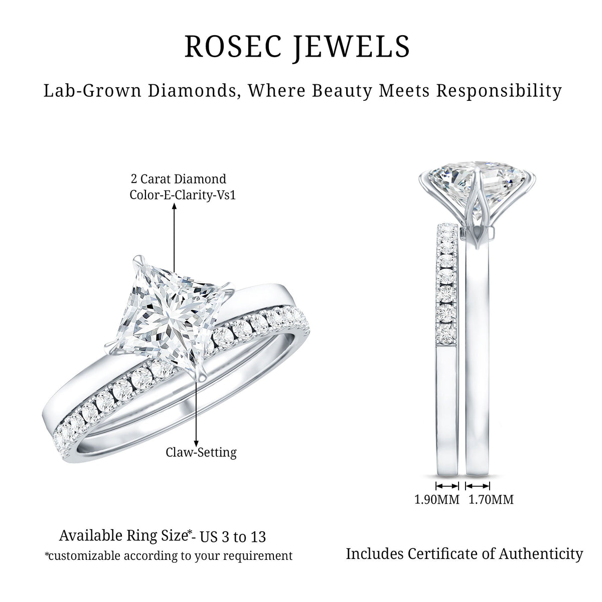 IGI Certified 2 Carat Lab Grown Diamond Princess Cut Bridal Ring Set for Her - Luzilly Bridal & Apparel