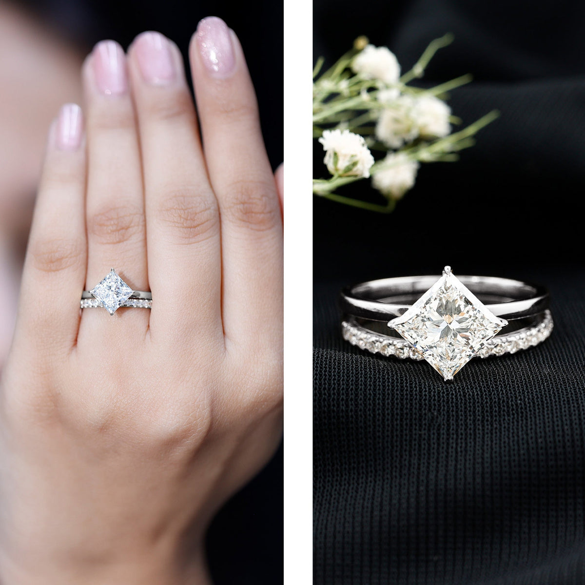 IGI Certified 2 Carat Lab Grown Diamond Princess Cut Bridal Ring Set for Her - Luzilly Bridal & Apparel
