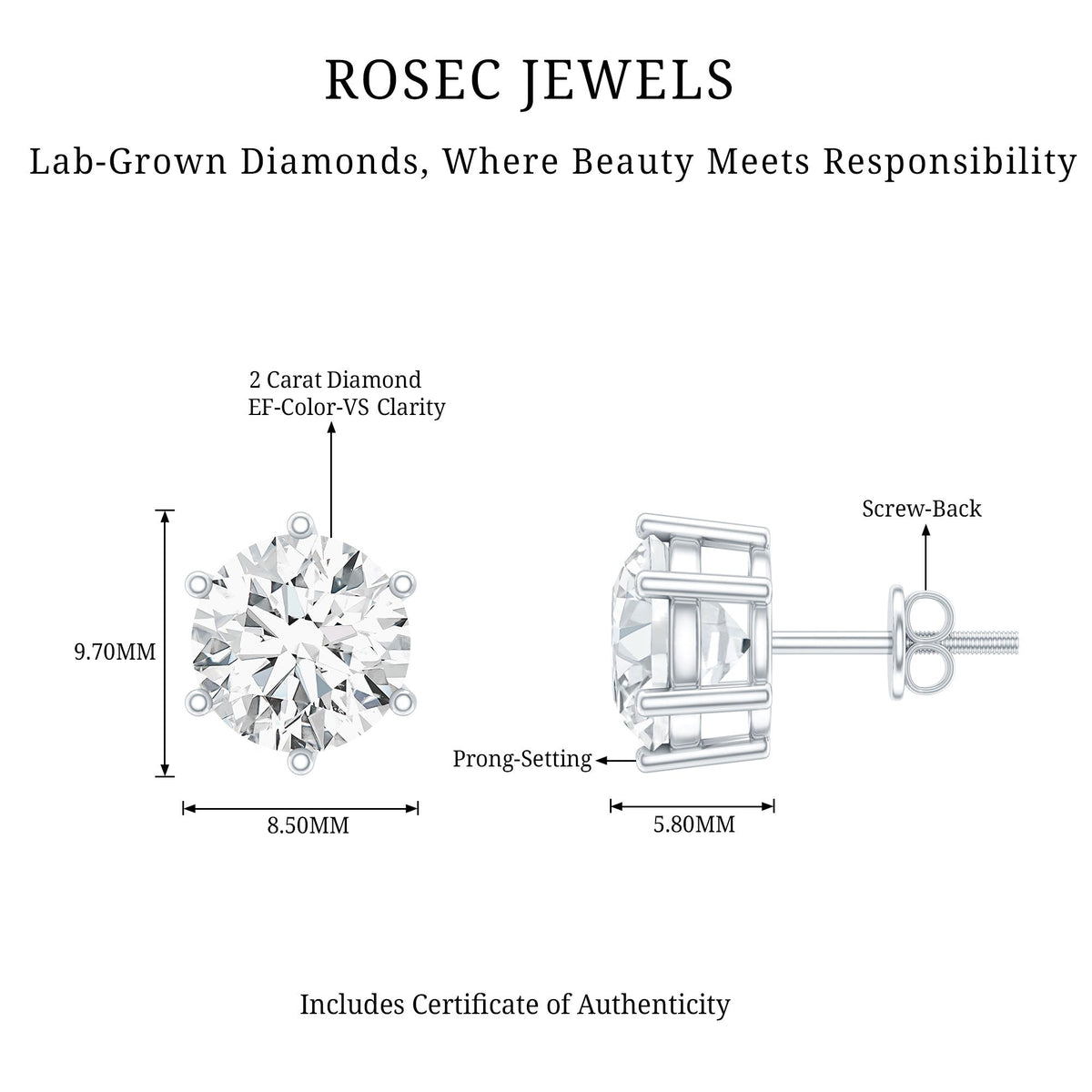 IGI Certified 4 Carat Lab Grown Diamond Solitaire Studs - Luzilly Bridal & Apparel