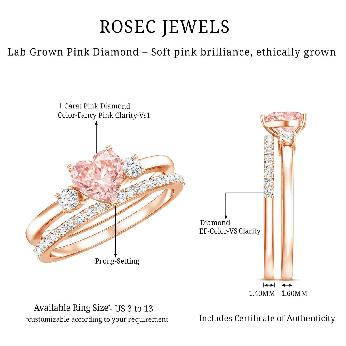 IGI Certified Lab Grown Pink Heart Engagement Ring With Diamond Wedding Band - Luzilly Bridal & Apparel
