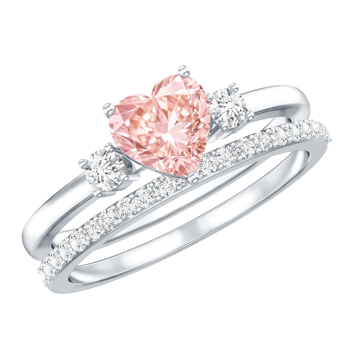 IGI Certified Lab Grown Pink Heart Engagement Ring With Diamond Wedding Band - Luzilly Bridal & Apparel