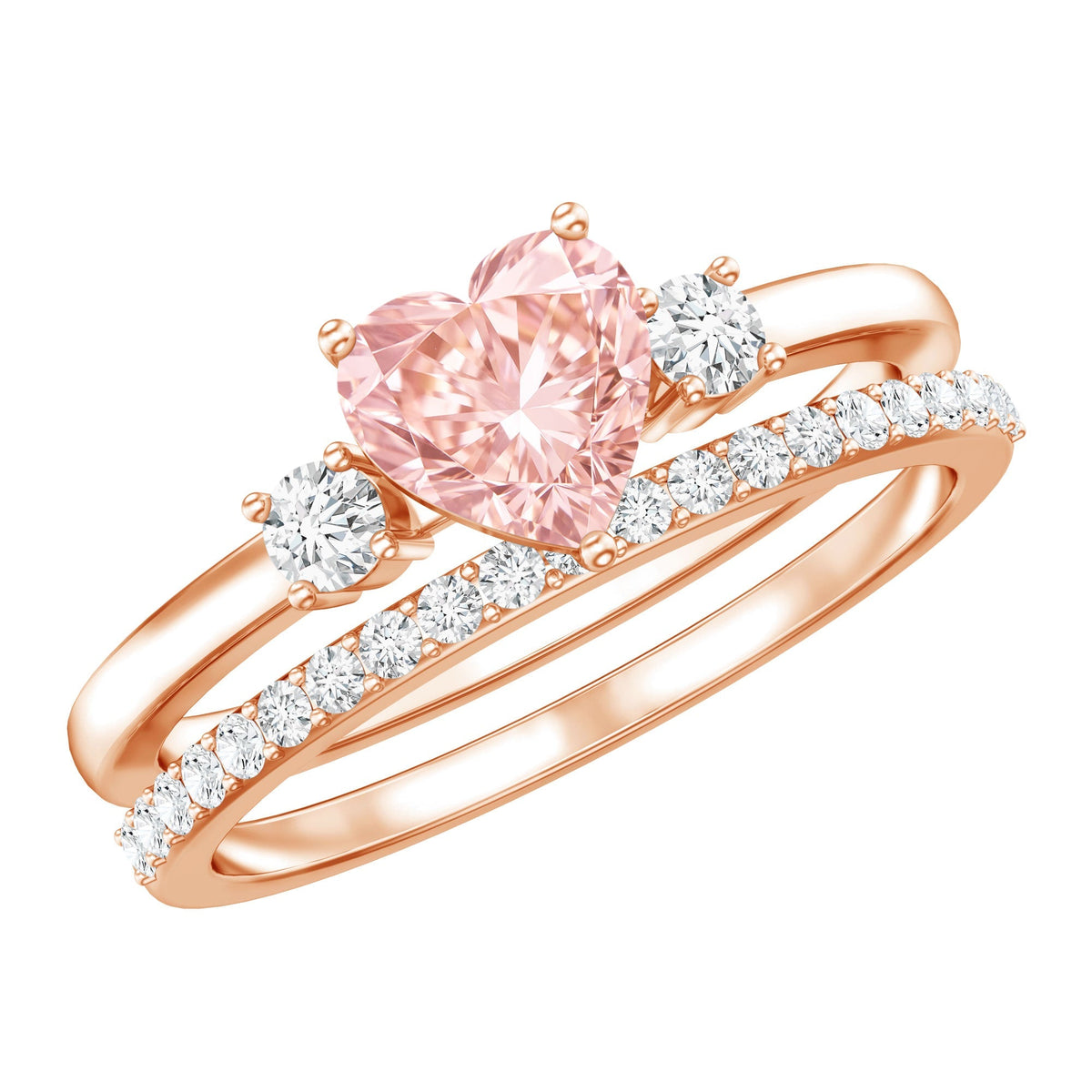 IGI Certified Lab Grown Pink Heart Engagement Ring With Diamond Wedding Band - Luzilly Bridal & Apparel