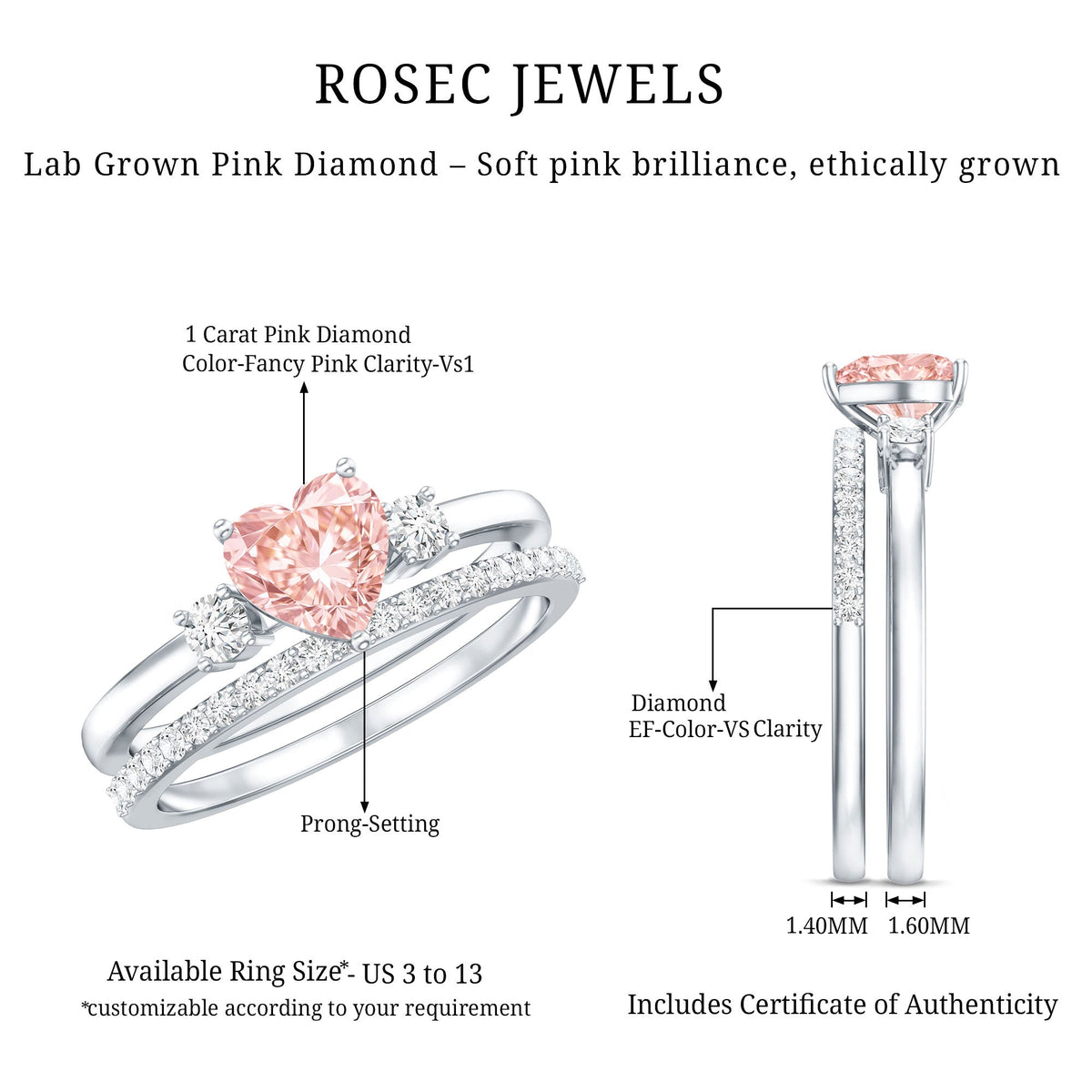 IGI Certified Lab Grown Pink Heart Engagement Ring With Diamond Wedding Band - Luzilly Bridal & Apparel