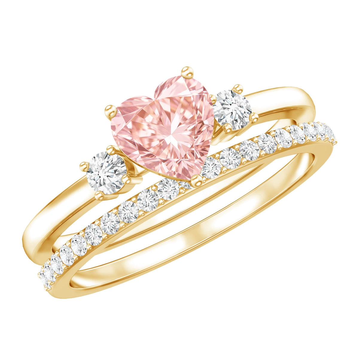 IGI Certified Lab Grown Pink Heart Engagement Ring With Diamond Wedding Band - Luzilly Bridal & Apparel
