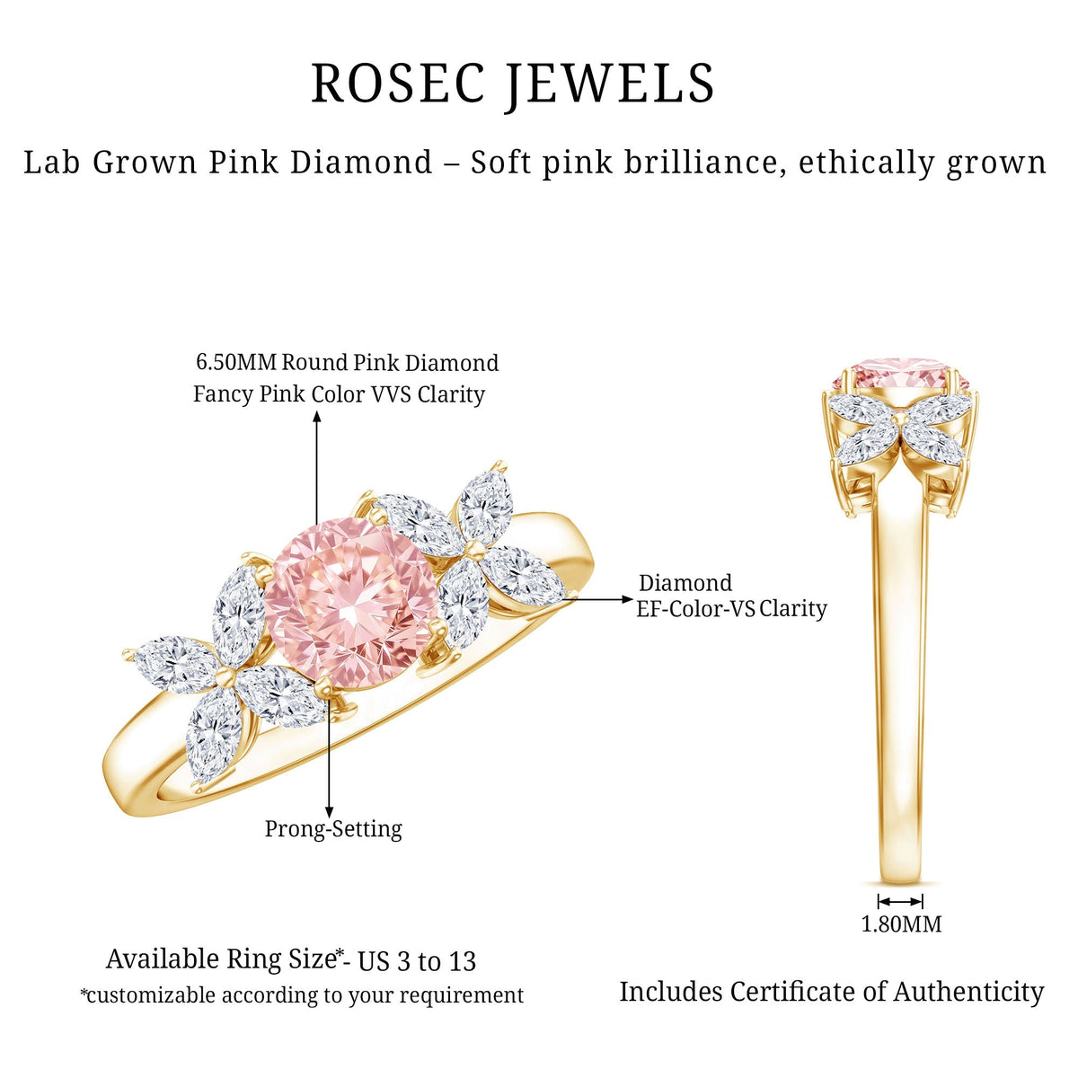 IGI Certified Lab Grown Pink White Diamond Flower Engagement Ring - Luzilly Bridal & Apparel