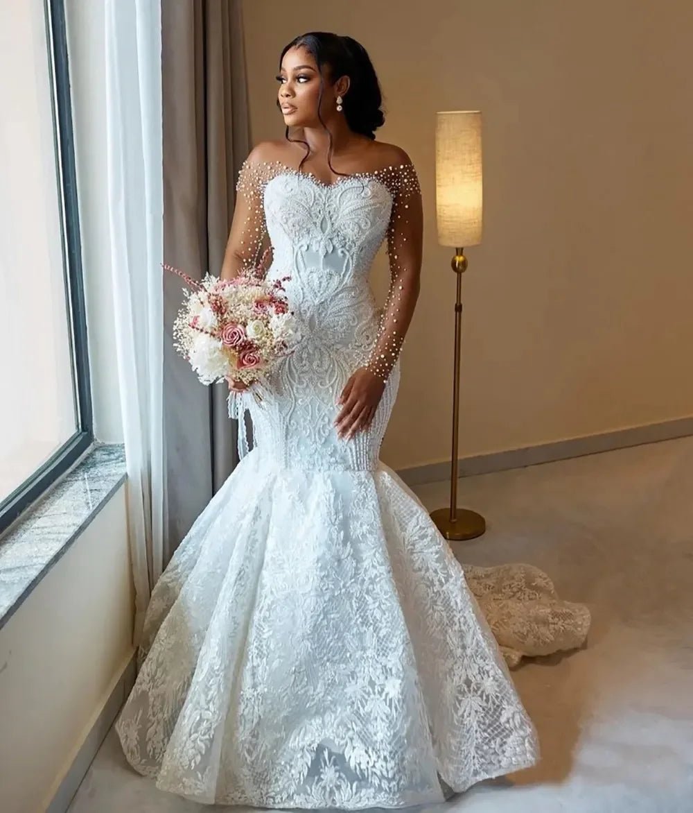 Illusion Long-Sleeve Beaded Lace Mermaid Wedding Gown - Luzilly Bridal & Apparel