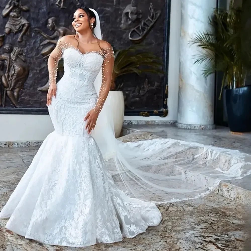 Illusion Long-Sleeve Beaded Lace Mermaid Wedding Gown - Luzilly Bridal & Apparel