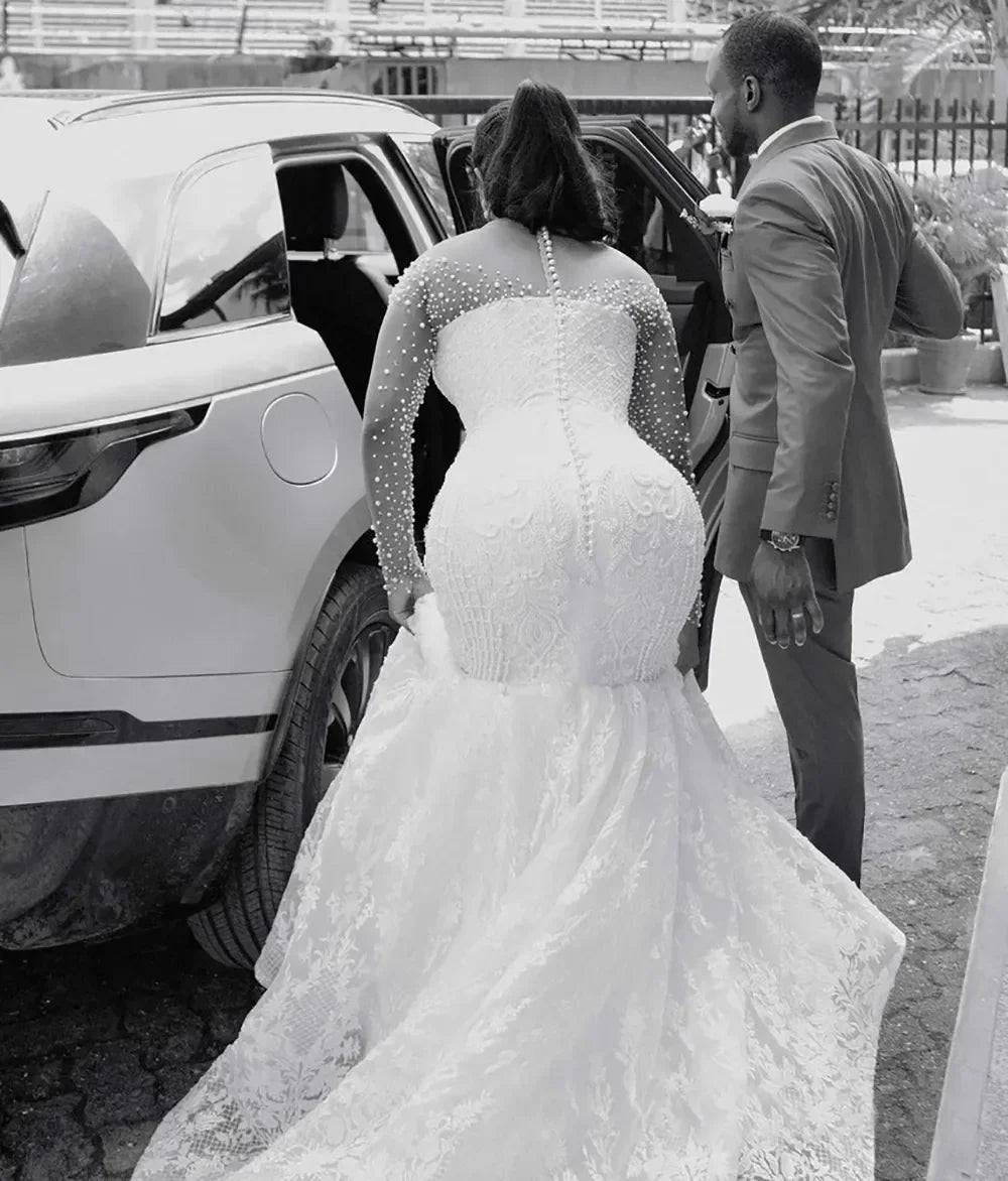 Illusion Long-Sleeve Beaded Lace Mermaid Wedding Gown - Luzilly Bridal & Apparel