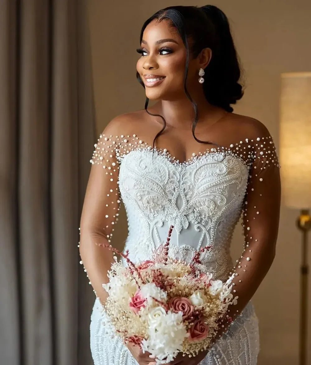Illusion Long-Sleeve Beaded Lace Mermaid Wedding Gown - Luzilly Bridal & Apparel