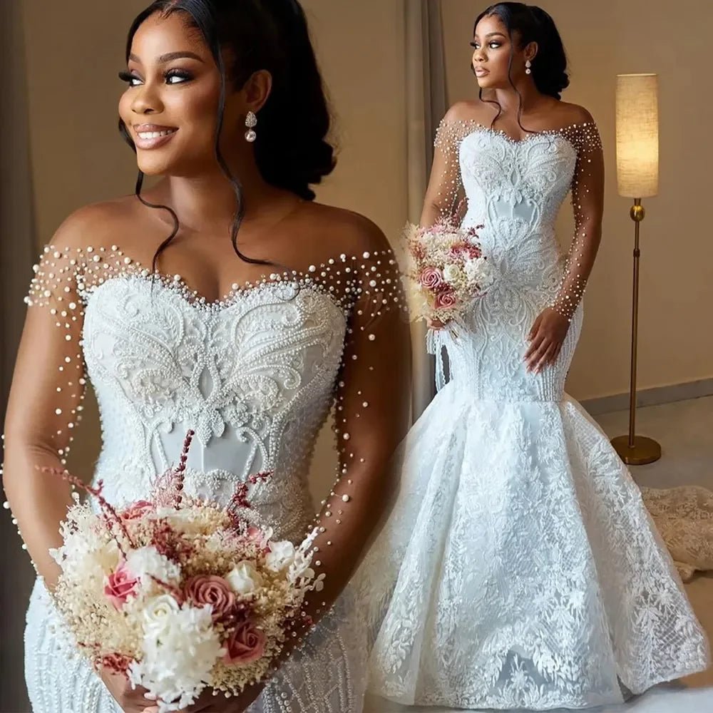 Illusion Long-Sleeve Beaded Lace Mermaid Wedding Gown - Luzilly Bridal & Apparel