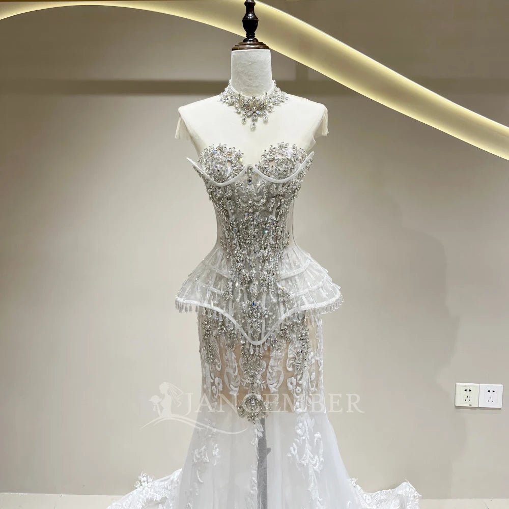 Illusion Short-Sleeve Mermaid Wedding Gown with Removable Train - Luzilly Bridal & Apparel