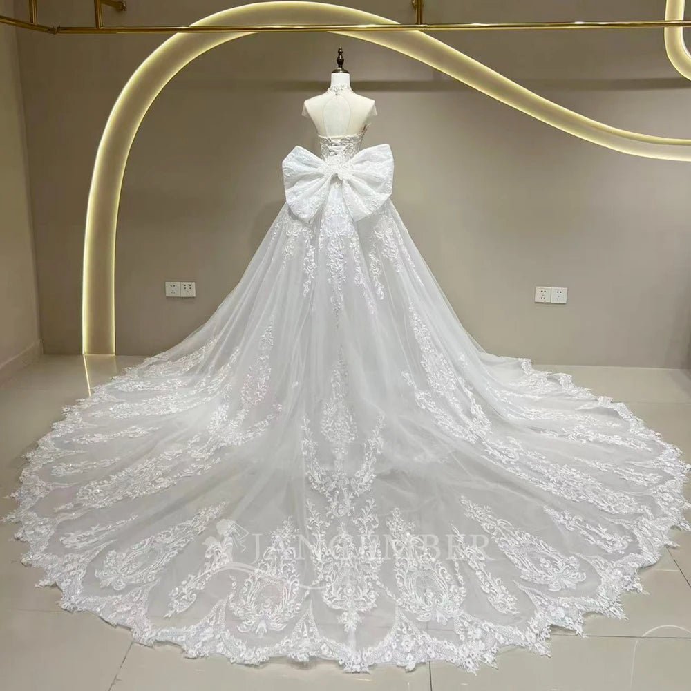 Illusion Short-Sleeve Mermaid Wedding Gown with Removable Train - Luzilly Bridal & Apparel