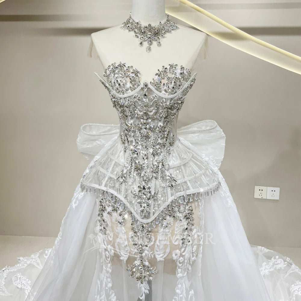 Illusion Short-Sleeve Mermaid Wedding Gown with Removable Train - Luzilly Bridal & Apparel