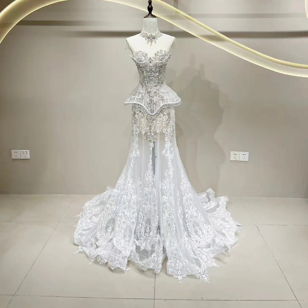 Illusion Short-Sleeve Mermaid Wedding Gown with Removable Train - Luzilly Bridal & Apparel