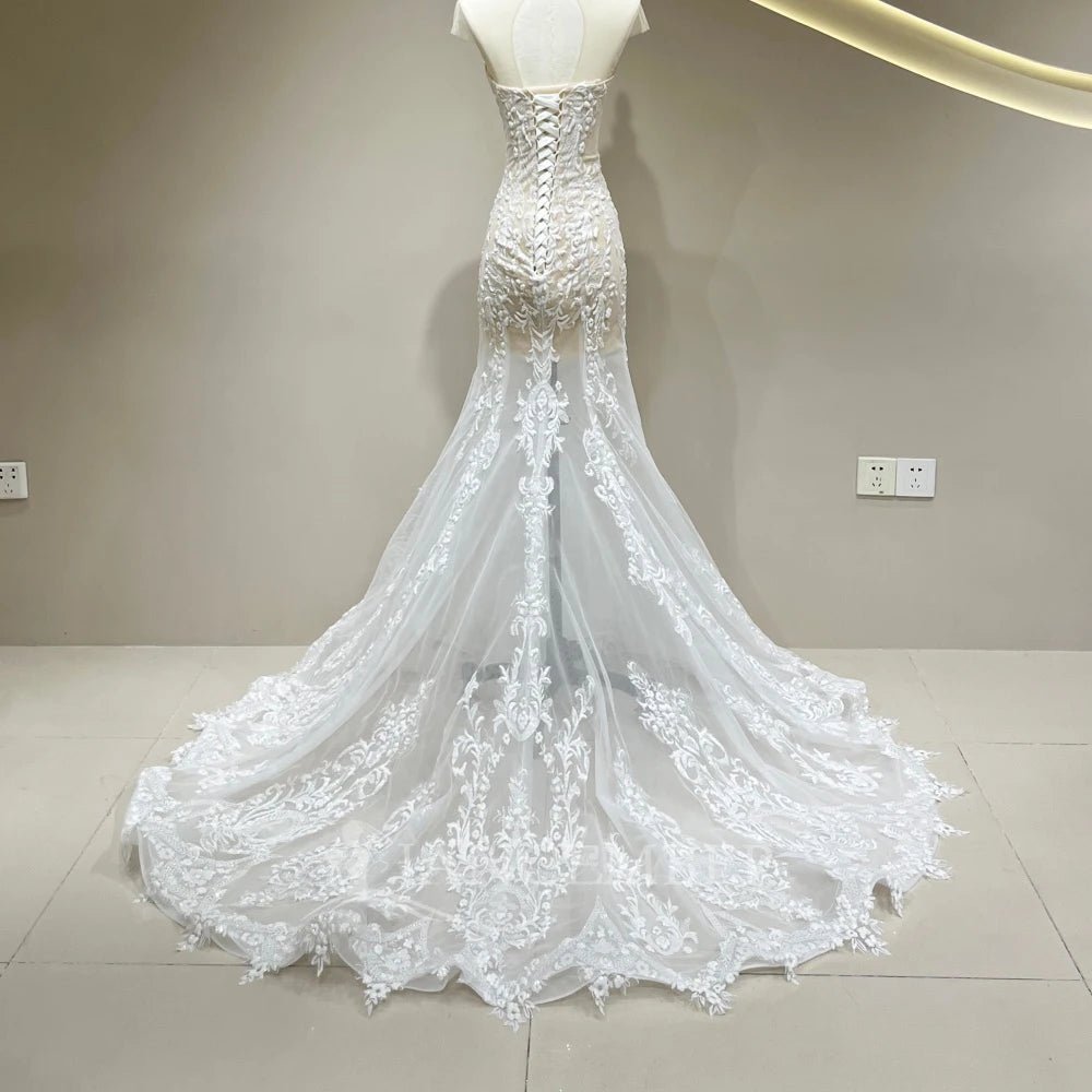 Illusion Short-Sleeve Mermaid Wedding Gown with Removable Train - Luzilly Bridal & Apparel