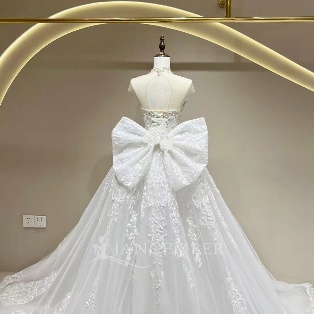 Illusion Short-Sleeve Mermaid Wedding Gown with Removable Train - Luzilly Bridal & Apparel