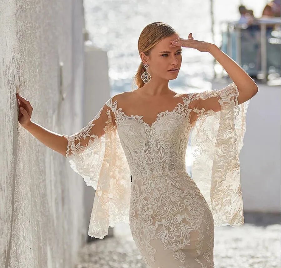 Illusion Sweetheart Flare-Sleeve Bohemian Mermaid Wedding Dress - Luzilly Bridal & Apparel