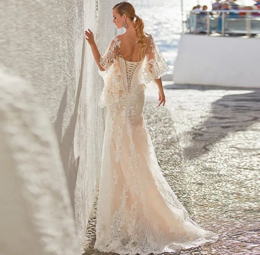 Illusion Sweetheart Flare-Sleeve Bohemian Mermaid Wedding Dress - Luzilly Bridal & Apparel