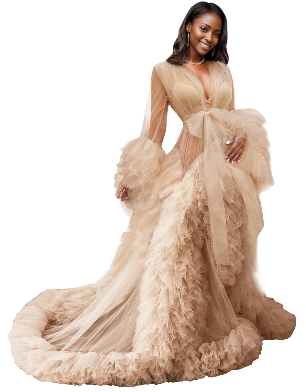 Illusion Tulle Ruffle Photoshoot Robe - Luzilly Bridal & Apparel