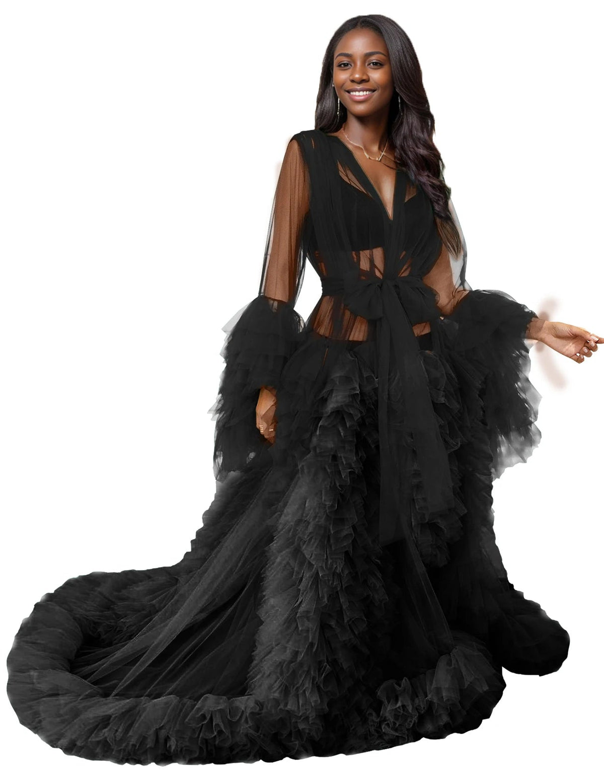 Illusion Tulle Ruffle Photoshoot Robe - Luzilly Bridal & Apparel