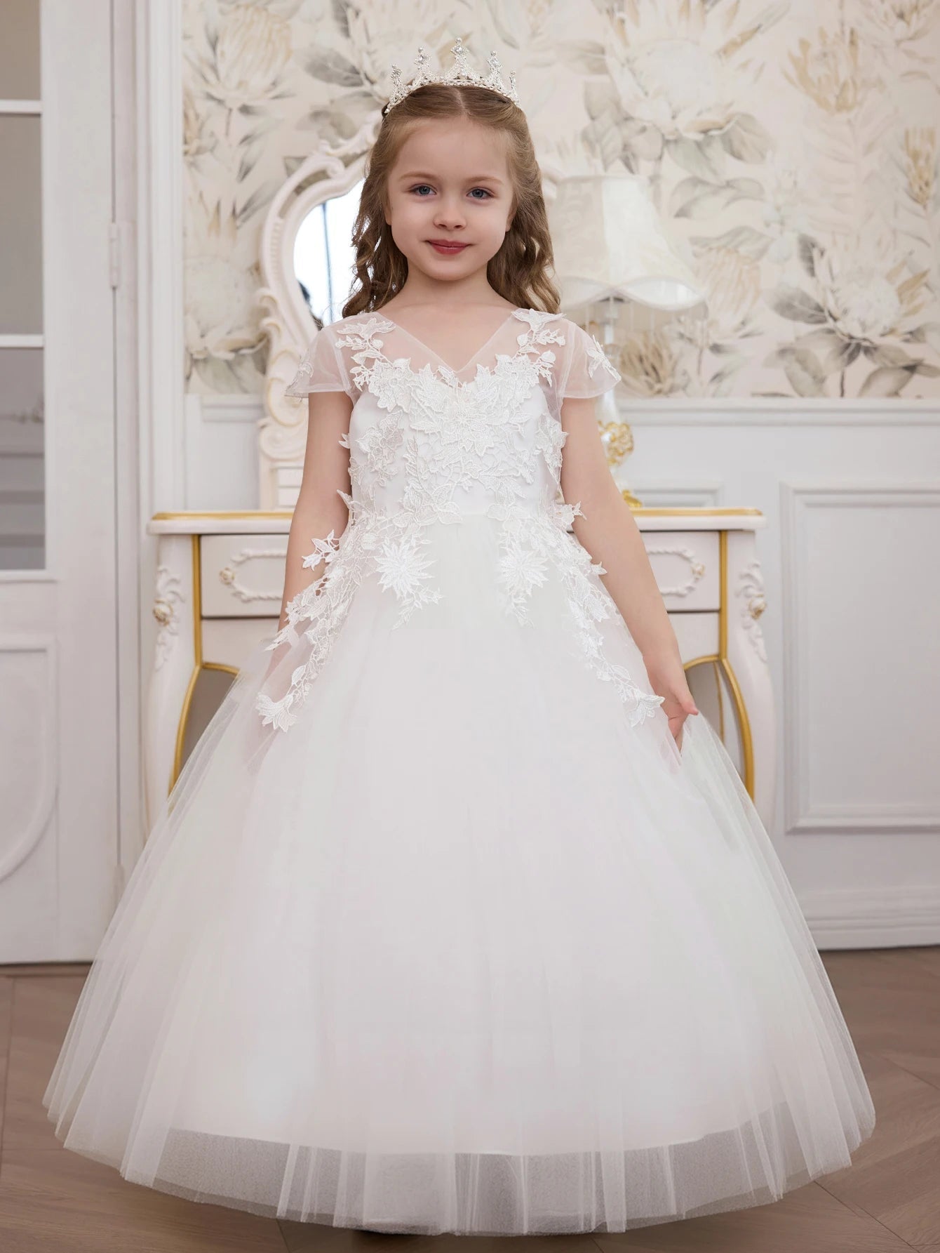 Ivory Floral Embroidered Tulle Girls Ball Gown - Luzilly Bridal & Apparel