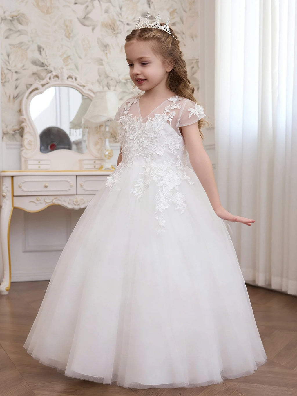 Ivory Floral Embroidered Tulle Girls Ball Gown - Luzilly Bridal & Apparel