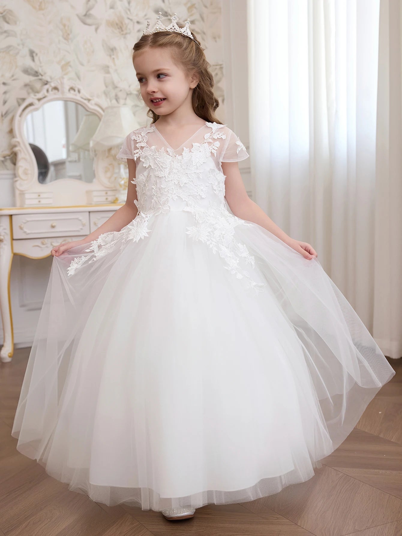 Ivory Floral Embroidered Tulle Girls Ball Gown - Luzilly Bridal & Apparel