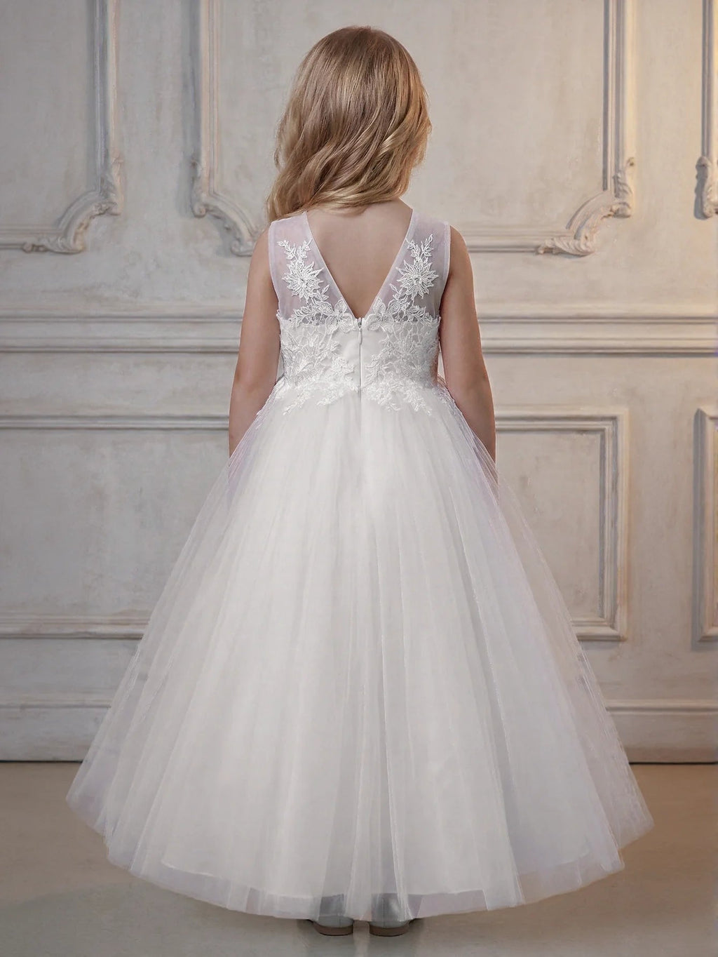 Ivory Floral Embroidered Tulle Girls Ball Gown - Luzilly Bridal & Apparel