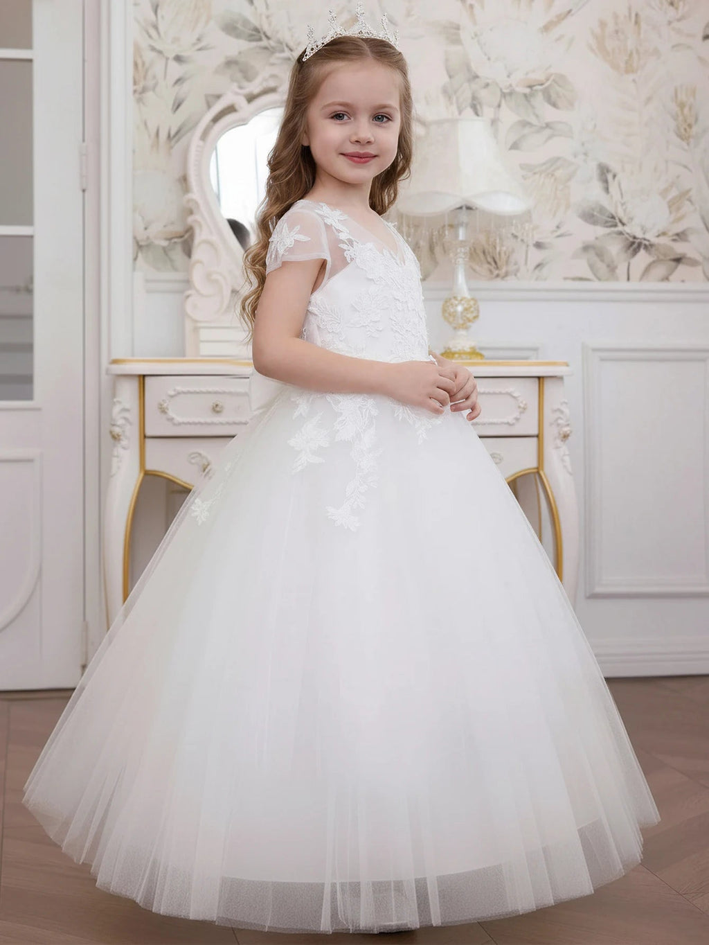 Ivory Floral Embroidered Tulle Girls Ball Gown - Luzilly Bridal & Apparel